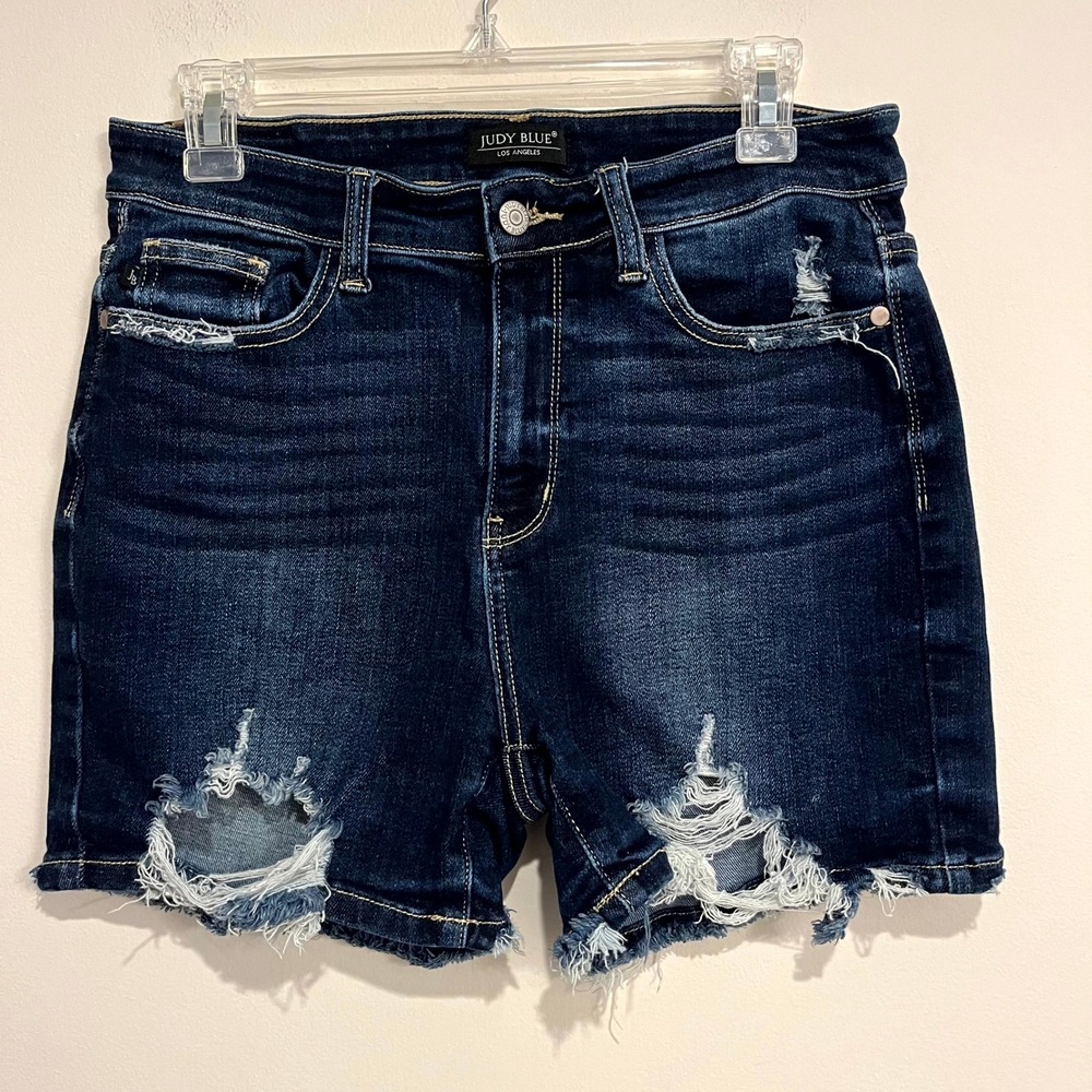 Judy Blue Jean Shorts Dark Wash Distressed Frayed Hem Womens Large